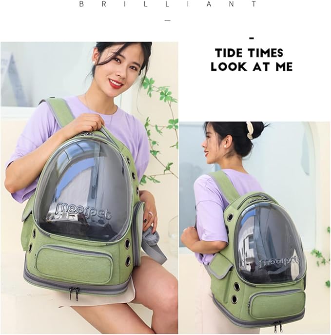 Cat Bubble Backpack,Breathable Cat Backpack Carrier Large Space Pet Travel Carrier for Kitty Small Dogs up to 15lbs,Transparent Cat Carrier for Hiking Camping Outdoor Travel (Green)