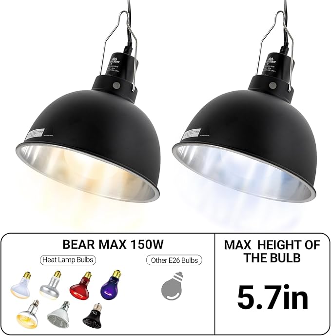 2 Pack Reptile Light Fixture, 8.5in Deep Dome Reptile Lamp Fixture, Optical Reflection Cover, Separate Switche & Hook, Terrarium Light Fixture for Reptile Heat Basking UVB Bulbs, 150W, Black