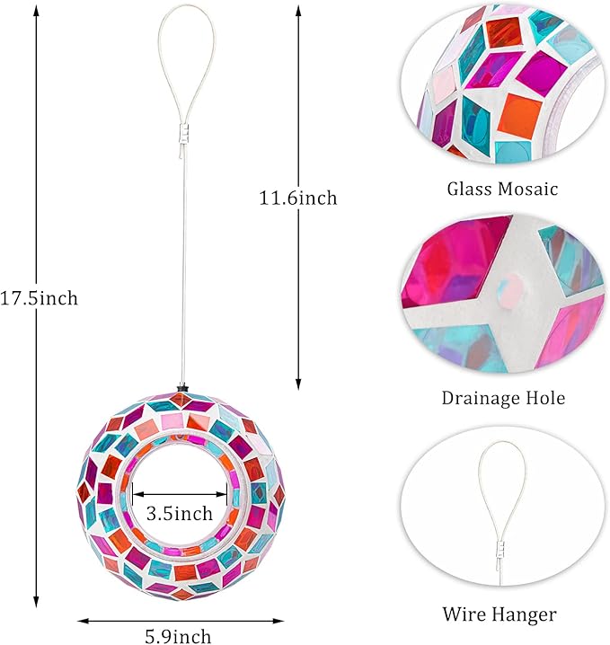 Yinns Glass Bird Feeders Outside, Hanging Mosaic Bird Feeder, Round Shape Fly Through Container Wild Birdfeeder for Garden, Backyard Decor
