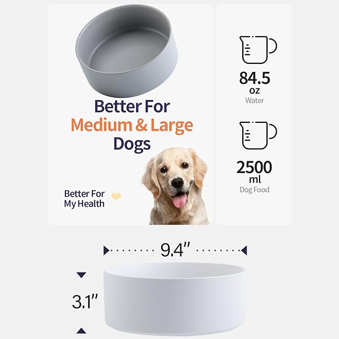 DJJJOOYS 9.5in White Ceramic Dog Bowl for Large Huge Sized Dogs,Extra Large Non-Slip Weighted Food Water Dish,Durable Big Heavy Dog Bowl(2400ml)