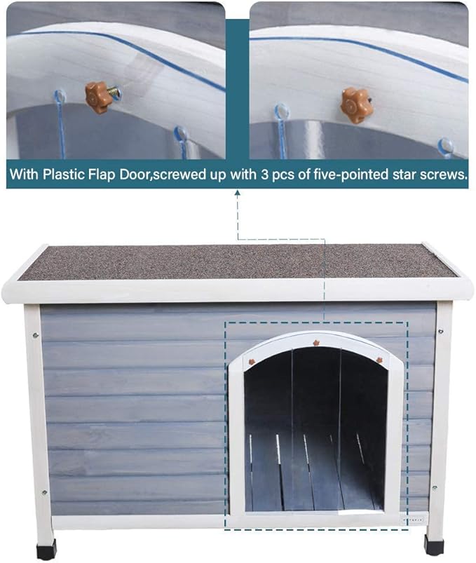 Petsfit Wooden Dog House,Outdoor Pet Kennel, Solid Wood, Weather Proof, Light Grey, Medium/40.8 X 26 X 27.6 Inch