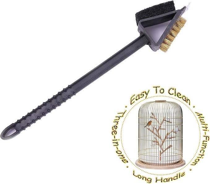 QBLEEV Stainless Steel Triangle Long Bird Cleaning Brush, Multi-Function Three-in-one Long Handle Brush, Pet Supply Cage Accessory for Parrot Birds
