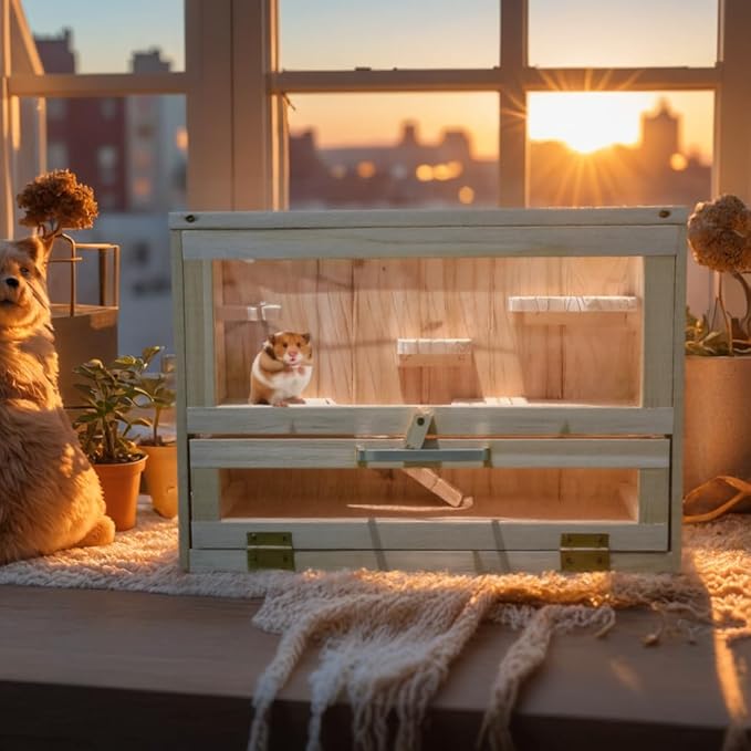 Wooden Hamster Cages and Habitats, Small Animal Habitat with 2 Openable Door for Guinea Pig, Gerbil, Chinchilla, Dwarf, Hedgehog, Squirrel, Chew Resistant, Dwarf Syrian Hamsters