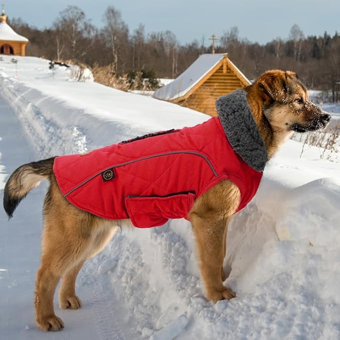 EMUST Winter Dog Coats, Fleece Dog Apparel for Cold Weather, British Style Windproof Warm, Red, XS