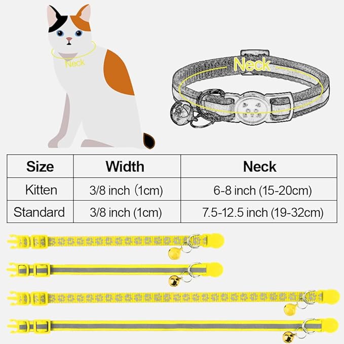Taglory Reflective Cat Collar Breakaway with Bells, 2 Pack Girl Boy Pet Cat Collar Adjustable 7.5-12.5 Inch, Yellow