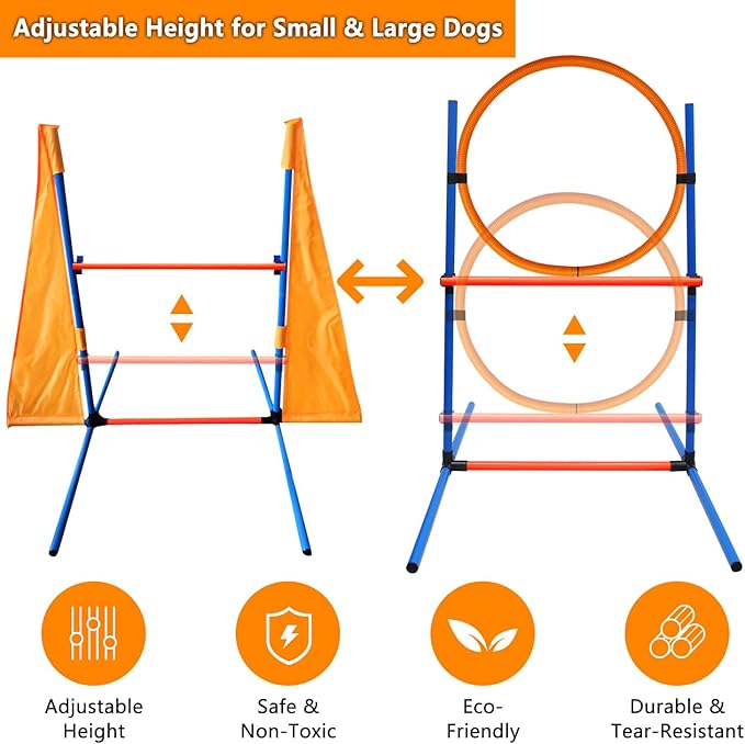 Dog Agility Training Equipment Set Outdoor Indoor Game, Tire Jump + Hurdle Jump, Tunnel, Weave Poles, Pause, 2 Toy Balls, 2 Discs, 1 Whistle, 1 Bag, 2 Training Clicker Backyard Dog Obstacle Course Kit