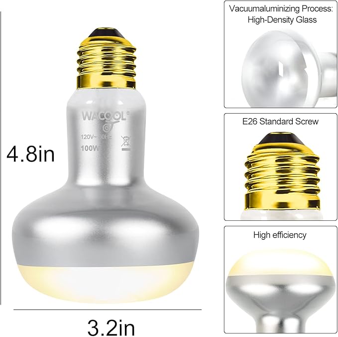 WACOOL 4 Pack Heat Lamp Bulbs for Reptiles, 100W Intense Basking Spot Lights, Simulate Daytime Sunshine Heat Bulbs, UVA Daylight Heat Lamp for Bearded Dragon, Lizard, Turtle, Tortoise, Gecko