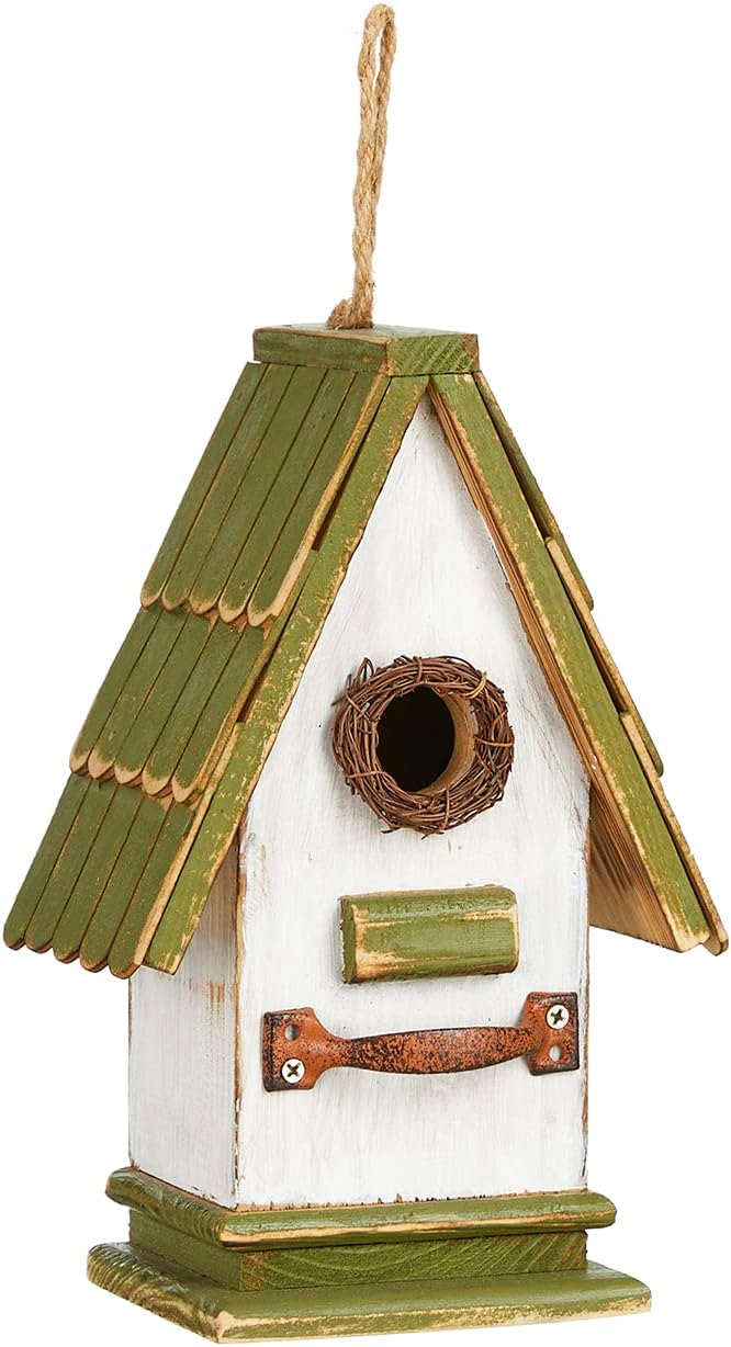 Glitzhome Bird Houses for Outside, Bluebird Houses for Outdoors, 10.75" H Green Roof Garden Wooden Birdhouse Hand Painted Hanging Distressed Bird House for Finch Cardinals Swallow Wren Chickadee