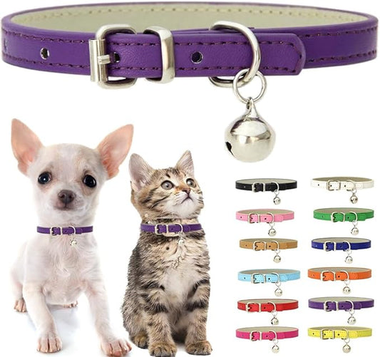 Purple Kitten Collar with Bell, Soft Pu Leather Small Dog Collars Adjustable Buckle for XXS XS Extra Small Medium Tiny Female Male Boys Girls Pets Cats Puppy Teacup Yorkie XX-Small