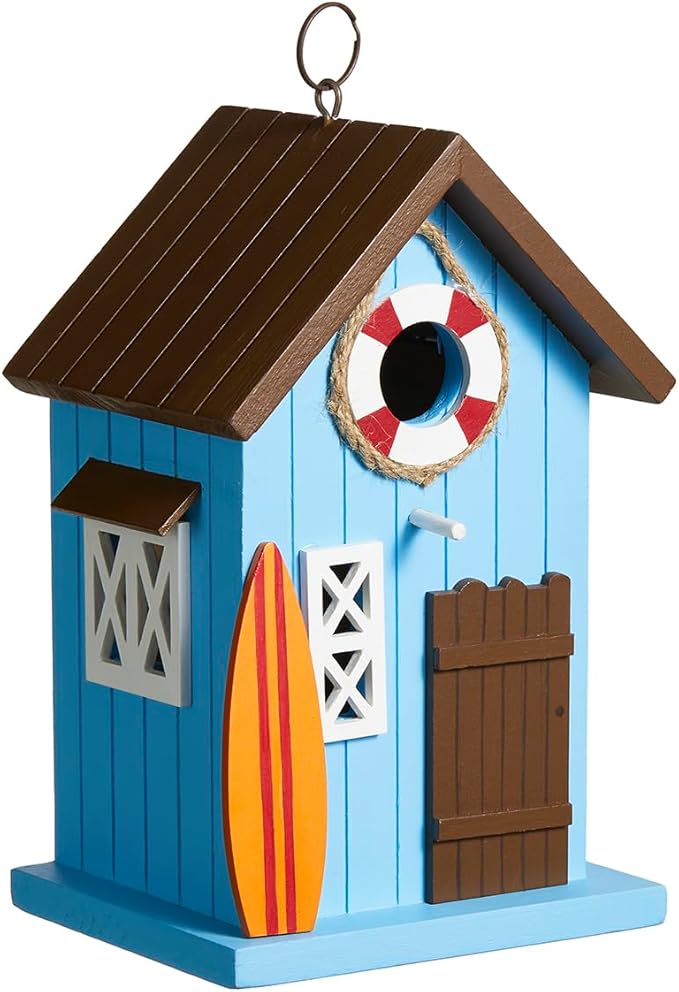 Glitzhome Bird Houses for Outside,10" H Modern Solid Wood Hand Painted Hanging Bird House Beach Hut Decorative Pet Cottage Outdoor Garden Birdhouse for Finch Bluebird Cardinals,Blue