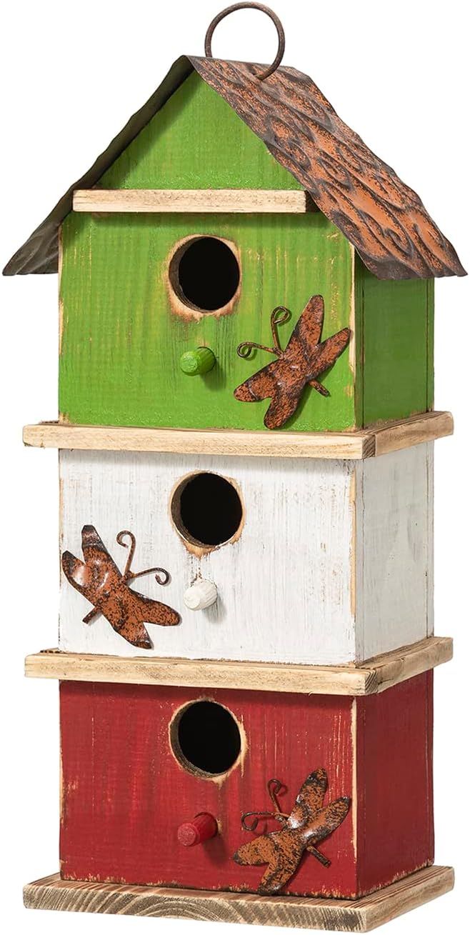 Glitzhome 13.75" H Multicolored Three-Tiered Distressed Solid Wood Birdhouse Garden Hanging Bird House for Outdoors