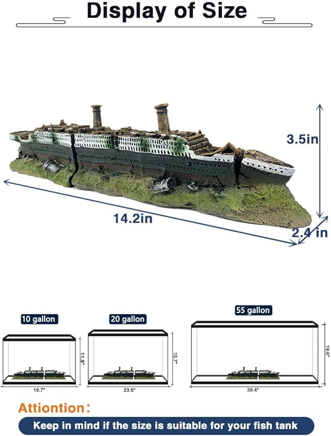 Aquarium Titanic Shipwreck Ornament - Decor Cave for Fish Tank, Sunken Ship Ornament, Aquarium Decoration - 14.2 Inches Long