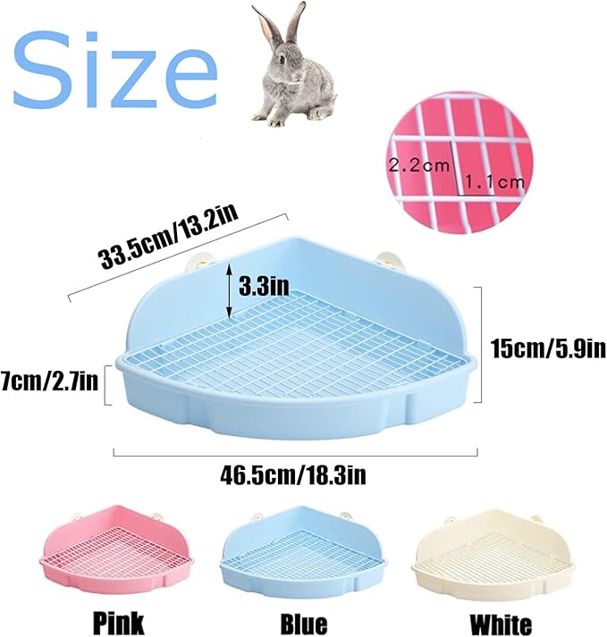 PINVNBY Extra Large Corner Litter Box for Rabbits, Guinea Pigs, Ferrets | 18.3" Fan-Shaped Potty Trainer with Anti-Spill Guard, Durable Plastic & Cage Clips | Easy-Clean Small Animal Toilet Pan (Blue)
