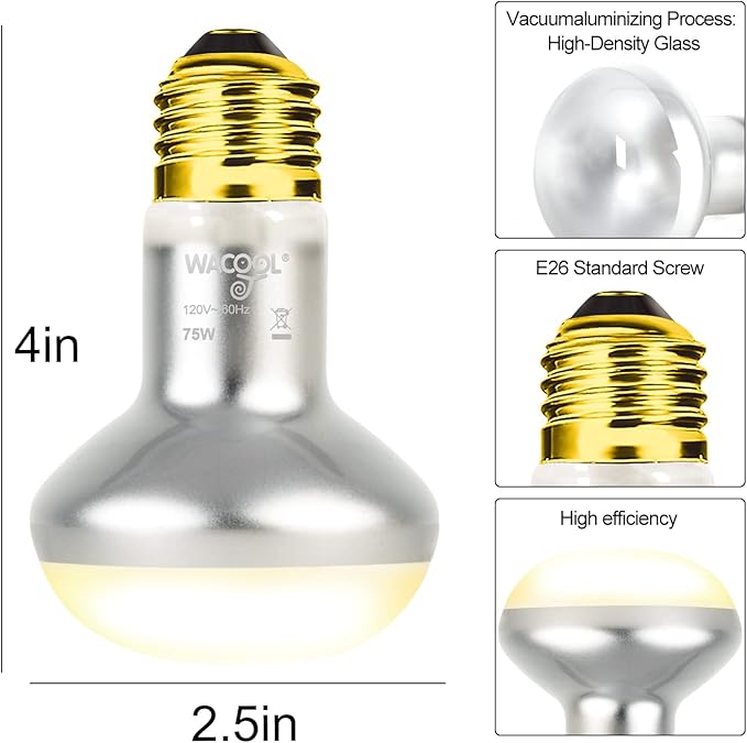 WACOOL 4 Pack Heat Lamp Bulbs for Reptiles, 75W Intense Basking Spot Lights, Simulate Daytime Sunshine Heat Bulbs, UVA Daylight