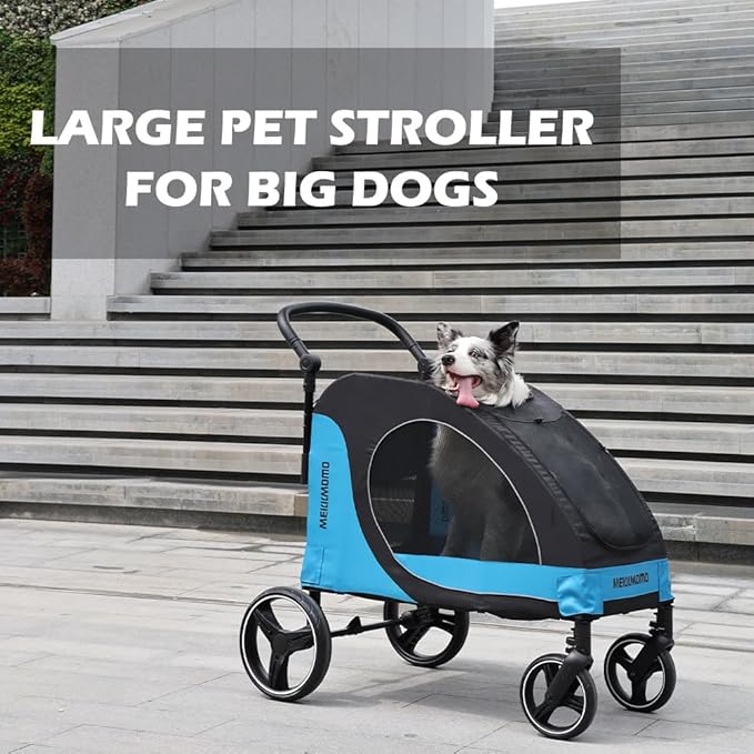 MekkMom Large Dog Cart - Adjustable Handle, Lightweight Foldable Pet Cart, Four Sided Ventilation, 360 Degree Rotating Front Wheel, Capacity 77 Pounds, Suitable for Travel and Exploration - Blue