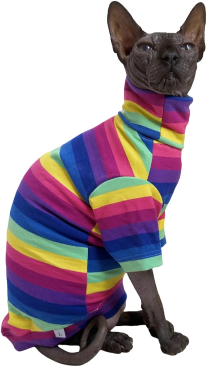 Vintage Stripes Sphynx Hairless Cats Shirt Cotton Cat Turtleneck Pet Clothes Kitten T-Shirts with Sleeves for Sphynx Cornish Rex, Devon Rex, Peterbald (Rainbow Stripe, X-Large (Pack of 1))