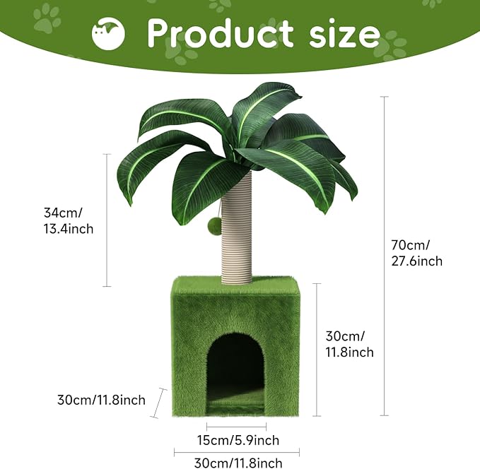 Cat Scratching Post with Condo, Palm Cat Tree Tower Natural Sisal Cat Scratcher Cat Bed Cat Furniture for Kittens and Cats
