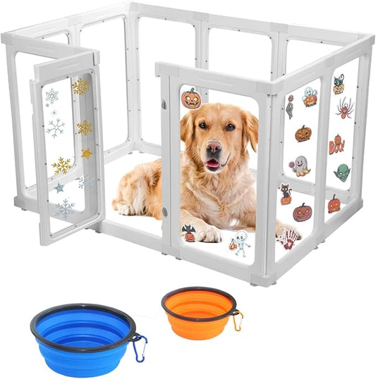 Clear Acrylic Dog Playpen Indoors, Sturdy Dog Play Pen with Door - 10 Panels, 30 Inch High, Easy Assembly, Puppy Playpen for Small and Medium Pets