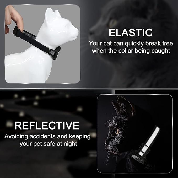Reflective AirTag Cat Collar, Integrated Cat Tracker Collar with Air Tag Holder and Bell, Safety Elastic Band Cat GPS Collars for Girl Boy Cats, Kittens and Puppies (Black, XS)