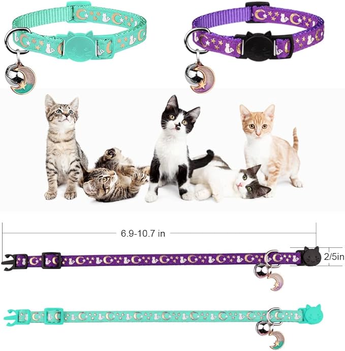 2PCS Breakaway Cat Collars with Bell Moons Stars Cute Kitty Adjustable Safe Kitten Collars with Pendant Glow in The Dark(Purple&Teal)
