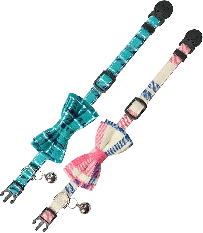 Joytale Upgraded Cat Collar with Bells, Breakaway Cat Collars with Bow Tie, 2 Pack Girl Boy Safety Plaid Kitten Collars, Pink+Teal