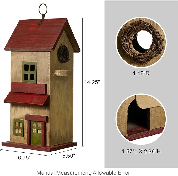 Glitzhome Birdhouses for Outdoors, Rustic 14.25" H Large Bird Houses for Outside, Distressed Painted Bird House Solid Wood Cottage Decorative Hanging Birdhouse for Outdoor Patio Garden,Washed Yellow