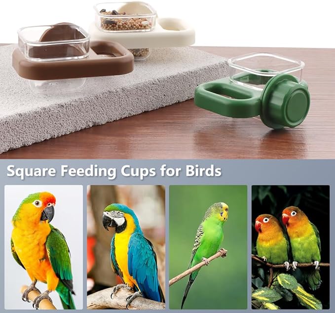 3 Pack Bird Cage Feeder Portable Bird Plastic Feeding Dish Cup Detachable Bowl with Perch for Parakeet Budgies Cockatiel Lovebird Small Birds (Square Cup)