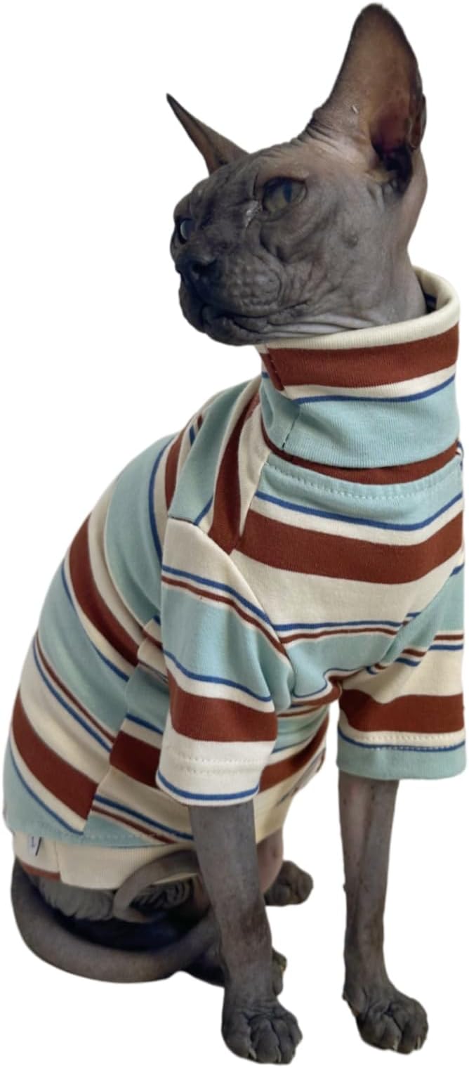 Vintage Stripes Sphynx Hairless Cats Shirt Cotton Cat Turtleneck Pet Clothes Kitten T-Shirts with Sleeves for Sphynx Cornish Rex, Devon Rex, Peterbald (Mint Brown, Medium (Pack of 1))