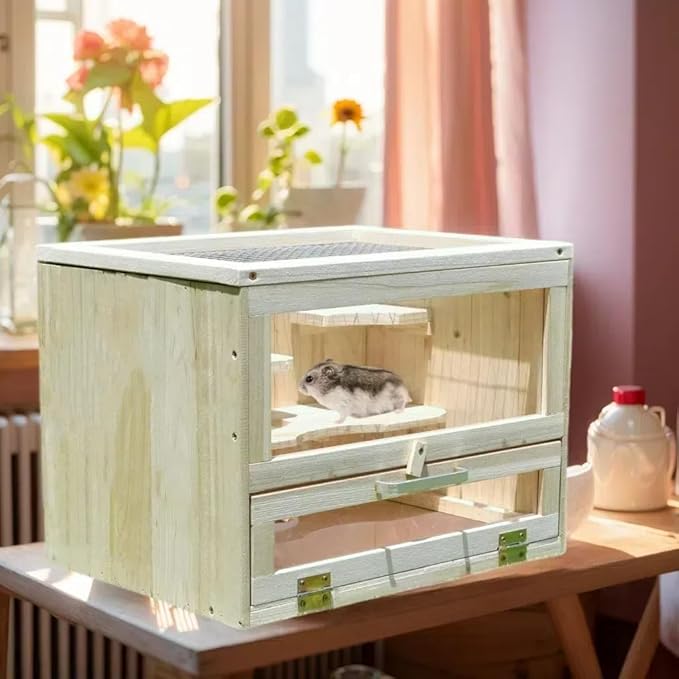 Wooden Hamster Cages and Habitats, Small Animal Habitat with 2 Openable Door for Guinea Pig, Gerbil, Chinchilla, Dwarf, Hedgehog, Squirrel, Chew Resistant, Dwarf Syrian Hamsters