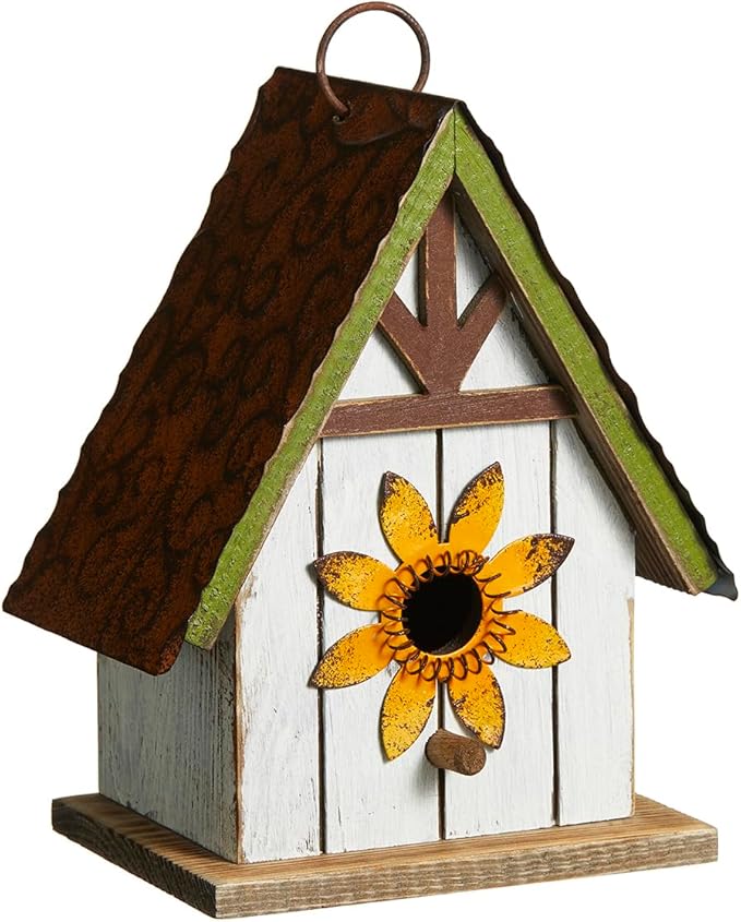 Glitzhome 8.25" H Solid Wood Decorative Hanging Bird House Distressed Cottage Outdoor Garden Birdhouse with 3D Metal Roof and Flower
