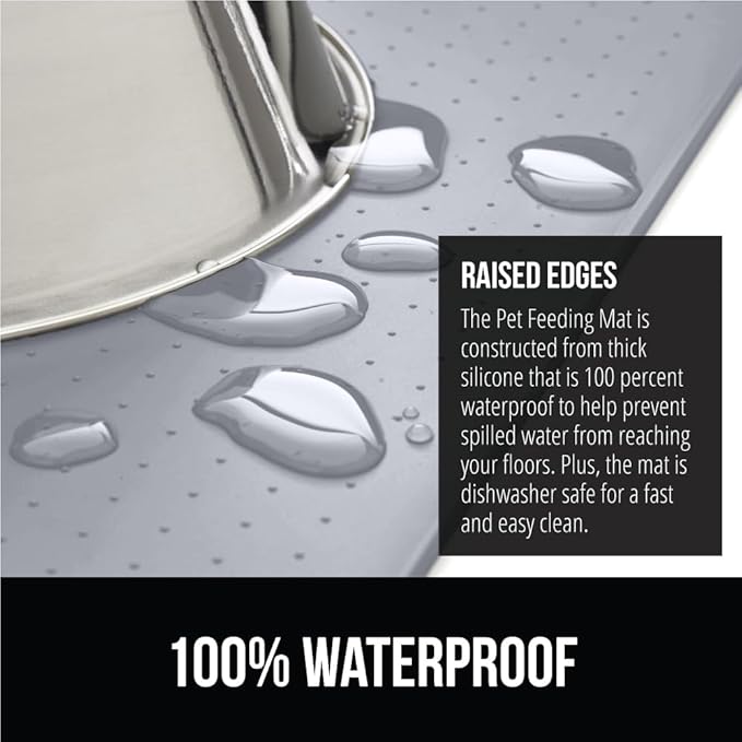 GORILLA GRIP 100% Waterproof Raised Edge BPA Free Silicone Pet Feeding Mat, Dog Cat Food Mats Contain Spills Protects Floors, Placemats for Cats, Dogs Water Bowl, Pets Accessories 23x15 Light Gray