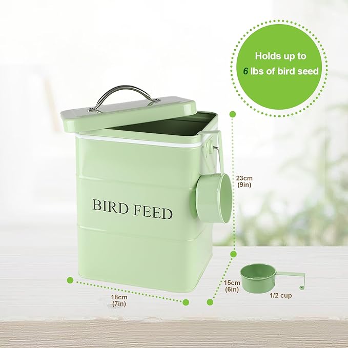 Bird Seed Storage Container Airtight,5~6LB Metal Bird Food Container with Scoop,for Storing Sunflower Seed-Ideal for Outdoor or Indoor-Squirrel Proof -Green
