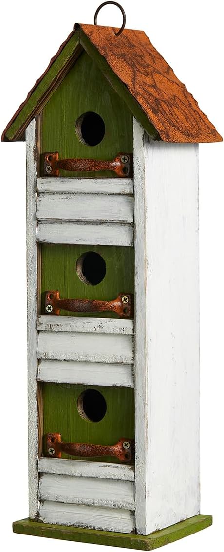 Glitzhome Bird Houses for Outside, Blue Bird Houses for Outdoors,18" H Distressed Outdoor Garden Wooden Birdhouse Decorative Hanging Bird House with Shutter Texture for Hummingbird,Sparrow,Wren Finch
