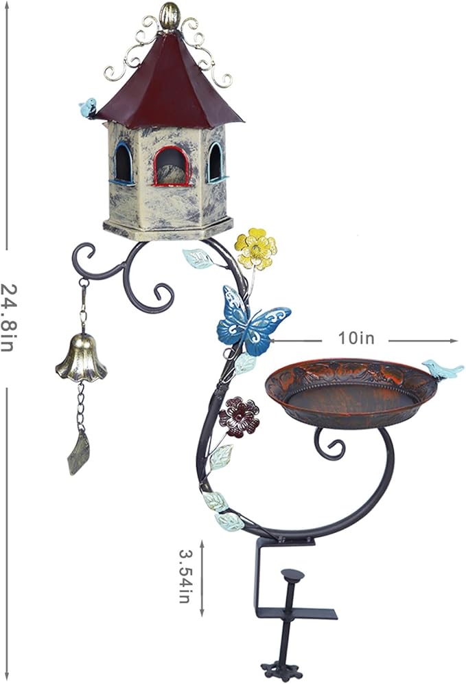 Deck Bird Bath, 2 in 1 Metal Bird Bath and Bird Houses, Decorative Deck Mounted Bird Baths, Detachable and Adjustable Sturdy Deck Bird Bath for Outdoor Porch Yard Garden Decoration