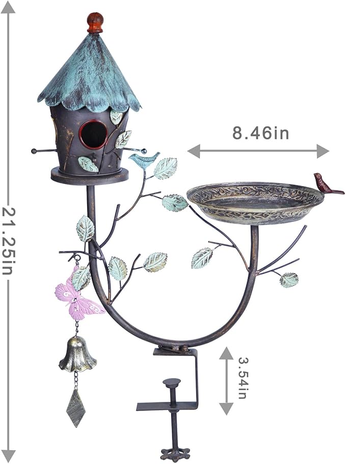 Deck Bird Bath, Metal Bird Bath and Bird Houses, Decorative Deck Mounted Bird Baths, Detachable and Adjustable Sturdy Deck Bird Bath for Outdoor Porch Yard Garden Decoration