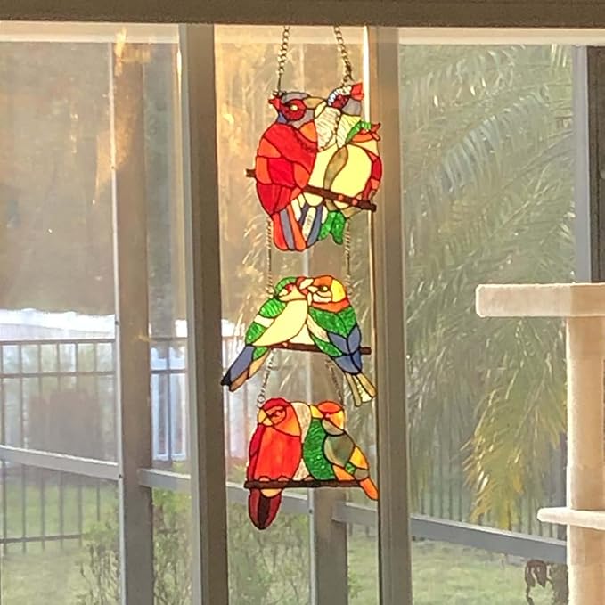 Bieye W10060 Tropical Birds Tiffany Style Stained Glass Window Panel with 3 Pieces Hanging Successively Within Chains, 10" W x 39" H