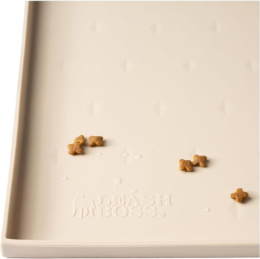 Leash Boss Waterproof Non-Slip Feeding Bowl Mat Raised Edge - XL 25 in x 17 in, Beige Diamond Pattern - Silicone Dishwasher Safe Pet Feeding Mat