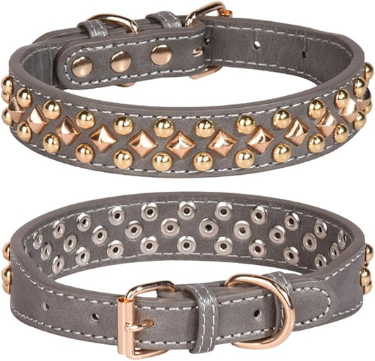 Spiked Dog Collar, Mushrooms Rivet Studded Adjustable Pu Leather Pet Collars for Cats Puppy Dogs (L, Grey3)