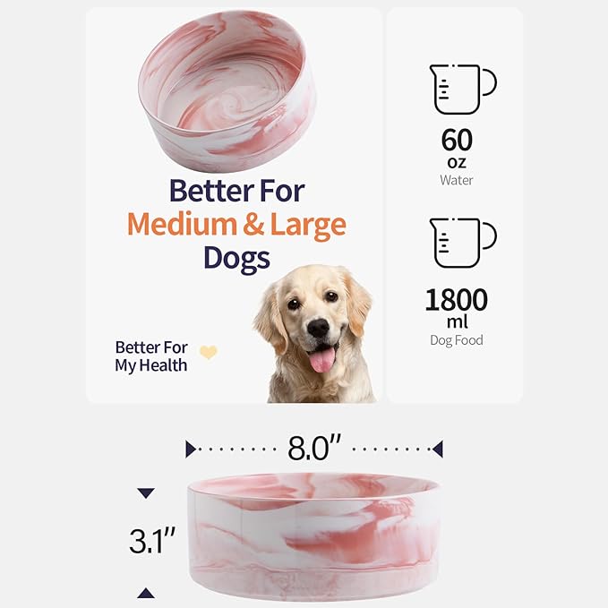 Elevated/Raised Dog Bowl Ceramic for Medium Large Sized Breed,Dog Food Water Bowl with Stand,8 in 7.6 Cups Non Slip Heavy Weighted Dog Dish Marble Pink