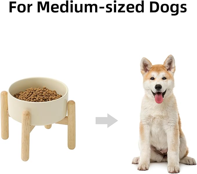 Ceramic 6.1inch Raised Dog Bowl with Stand for Small and Medium Dog Dish Pet Food and Water Bowl (Single Bowl with Stand - Beige)