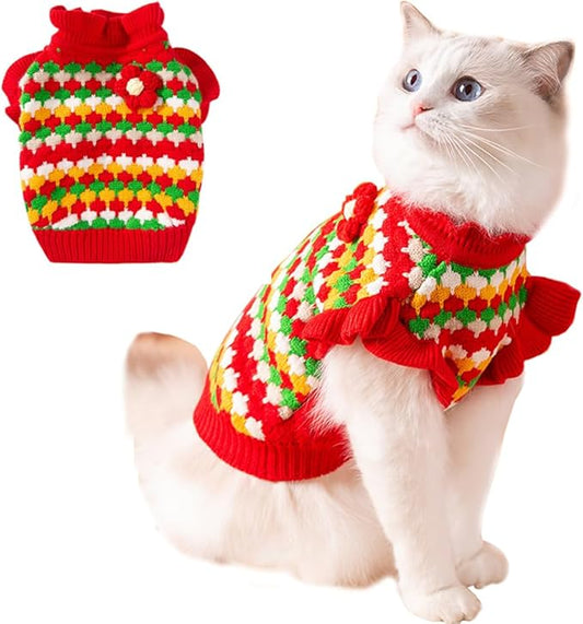 Small Dog Sweater, Knitted Tulip Cat Sweater, Warm Thick Holiday Puppy Clothes for Small Dog Girl,Cold Weather Outfit for Kitten Chihuahua Yorkie Teacup Dachshund Pug (Red, X-Large)