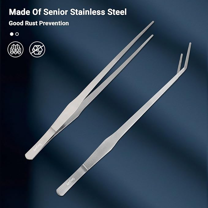 Segarty Longer Tweezers Aquascaping Tools with 1 Bag, 2 in 1 Stainless Steel Silver Aquarium Tools Kit for Fish Tank Aquatic Plant, Feeding Tweezer Curved Tweezer Anti Rust Aquascape Set