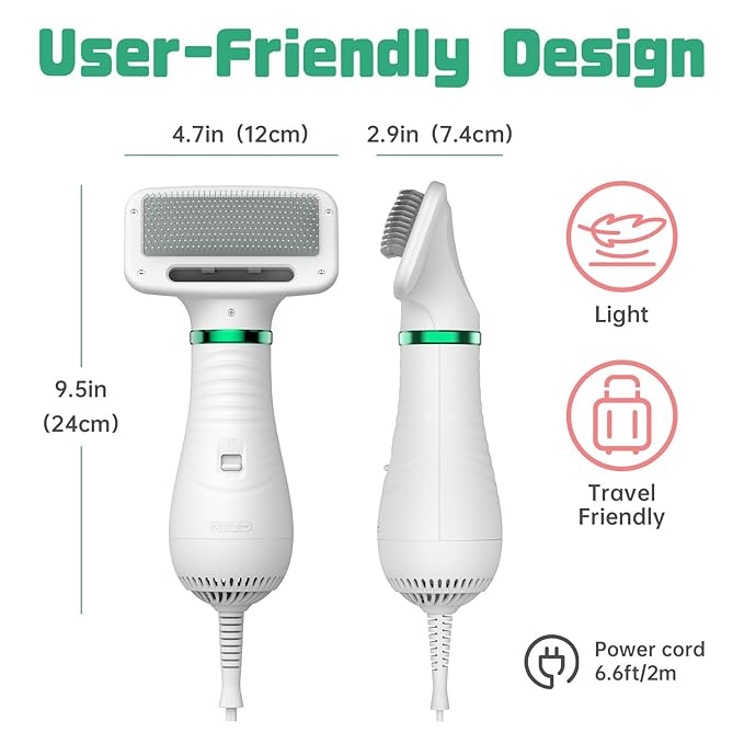 Dog Hair Dryer, 2-in-1 Dog Blow Dryer with Slicker Brush, 300W Pet Hair Dryer for Small and Medium-Sized Dogs and Cats, Dog Grooming Dryer Portable & Adjustable Temperature