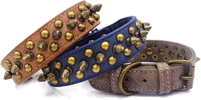 Spiked Dog Collar, Mushrooms Rivet Studded Adjustable Pu Leather Pet Collars for Cats Puppy Dogs (M, Khaki)