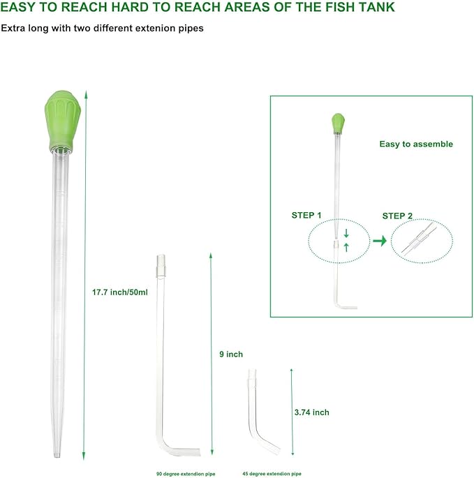 50ml Manual Coral Fish Feeder/Water Changer/Waste Remover with 2pcs Extension Pipes, Fecsam 17.7inch Aquarium Clean Tool for Fish Tank Cleaning, Aquatic Pipette Dropper, Gravel Cleaner Siphon