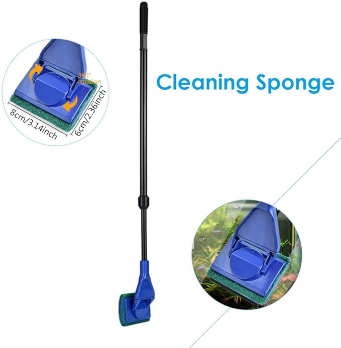 5 in 1 Aquarium/Fish Tank Cleaning Kit/Tool, Algae Scraper, Fish Net, Sponge, Plant Fork, Gravel Rake, Length Adjustable from 21 inches to 31 inches (Extendable)