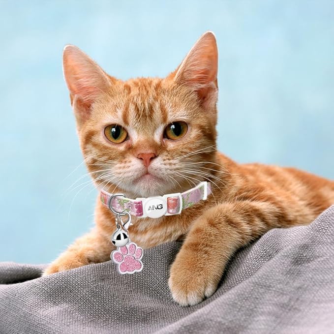 Personalized Breakaway Cat Collars - ID Tag, Bell, Bowtie - Safety Quick-Release, Customized for Girls & Boys Cats (Floral Pattern-Pink)