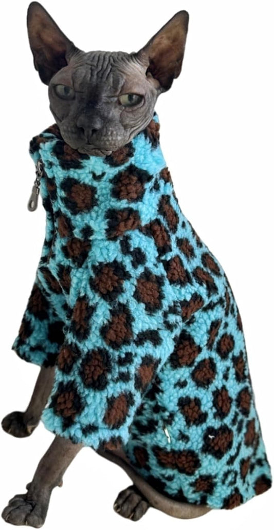 Turtleneck Sphynx Cat Winter Clothes, Double-Sided Fleece Jacket with Zipper, Sweater for Sphynx Cat Winter Warm Outfit Coat for Hairless Cats and Small Dogs Apparel with Sleeves (Leopard, Large)