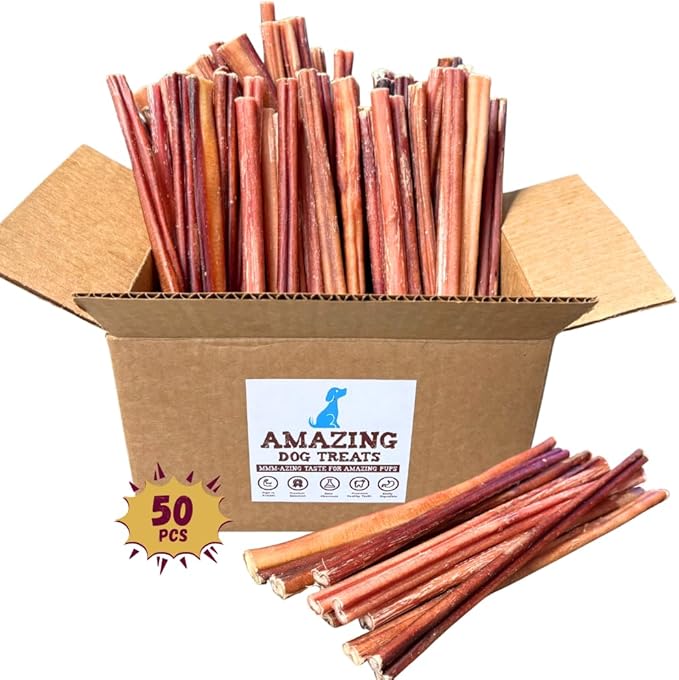Amazing Dog Treats - 12 Inch Medium Size Bully Sticks (50 Count) - Bulk Bully Sticks for Dogs - No Hide Bully Stick Dog Bones