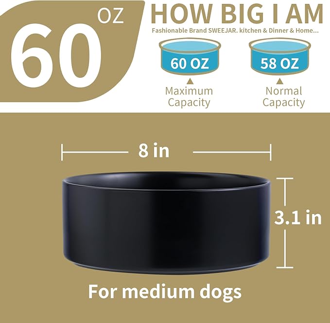 Black 8 in Dog Bowl Ceramic for Medium Sized Breed,Retrievers,7.6 Cups Non Slip Heavy Weighted Dog Food Water Dish,Modern Big Pet Bowl Large